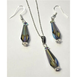 Swarovski 925 Sterling Silver Necklace Earrings Set IRRIDESCENT GREY Classic